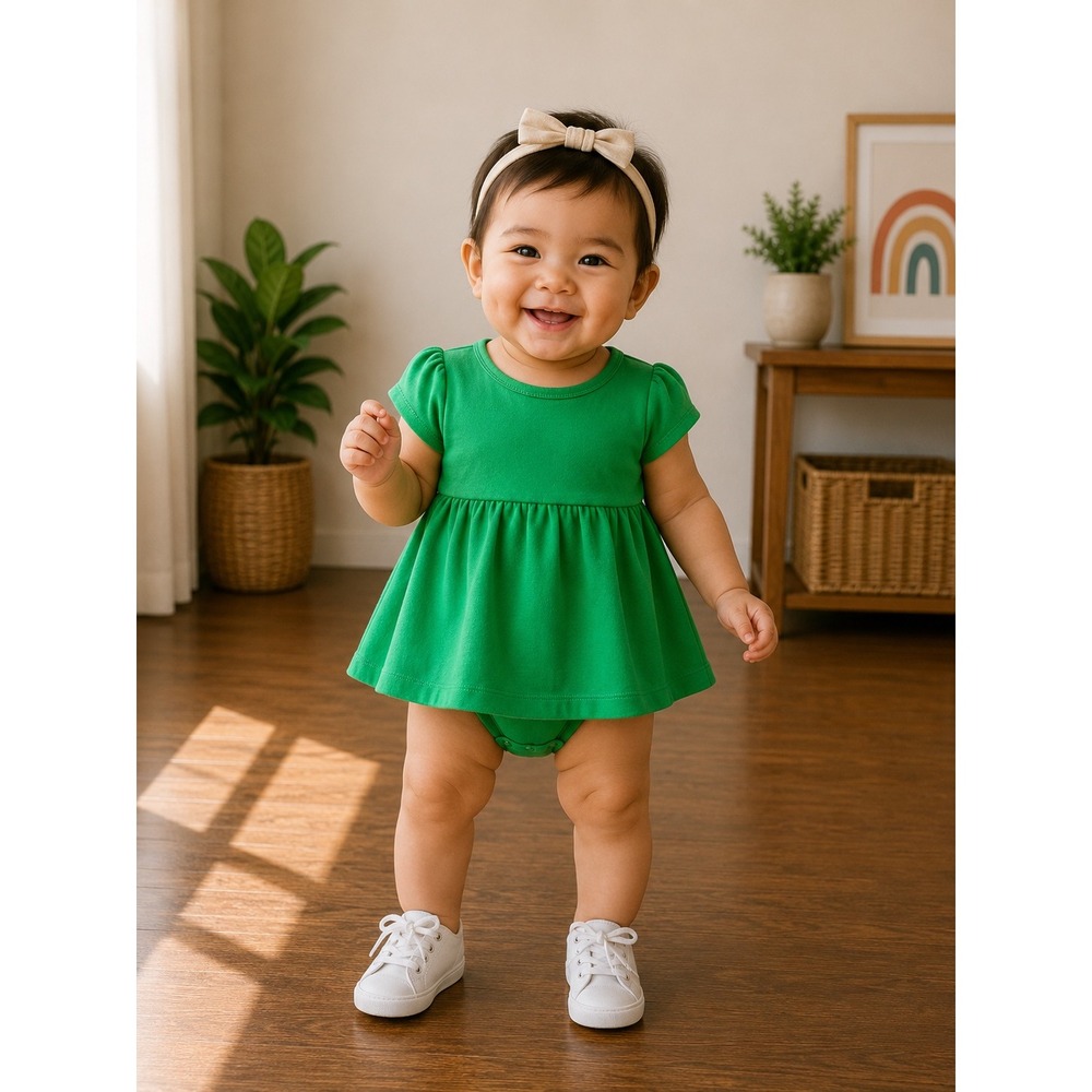 Primary Green Short Sleeve Baby Bodysuit Dress 3-6 Months Cotton Snaps